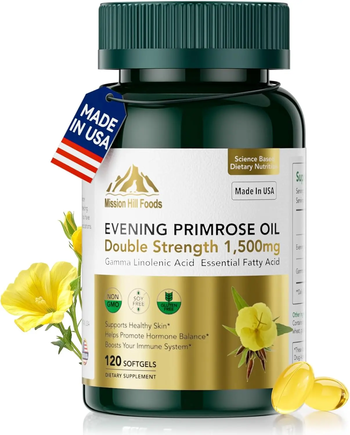 Women's Evening Primrose Oil Capsules, 1500mg Natural Cold-Pressed Supplement - High GLA for Hormone Balance & Skin Health, Non-GMO, Gluten-Free (1 Bottle-120 Softgels-2mo Supply)