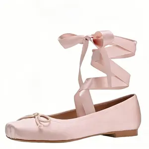 Girls' Satin Bow Square-Toe Crossover-Strap Ballet Flats Ballerinas Shoes for Comfortable Running Flatform Footwear Women Classic Style