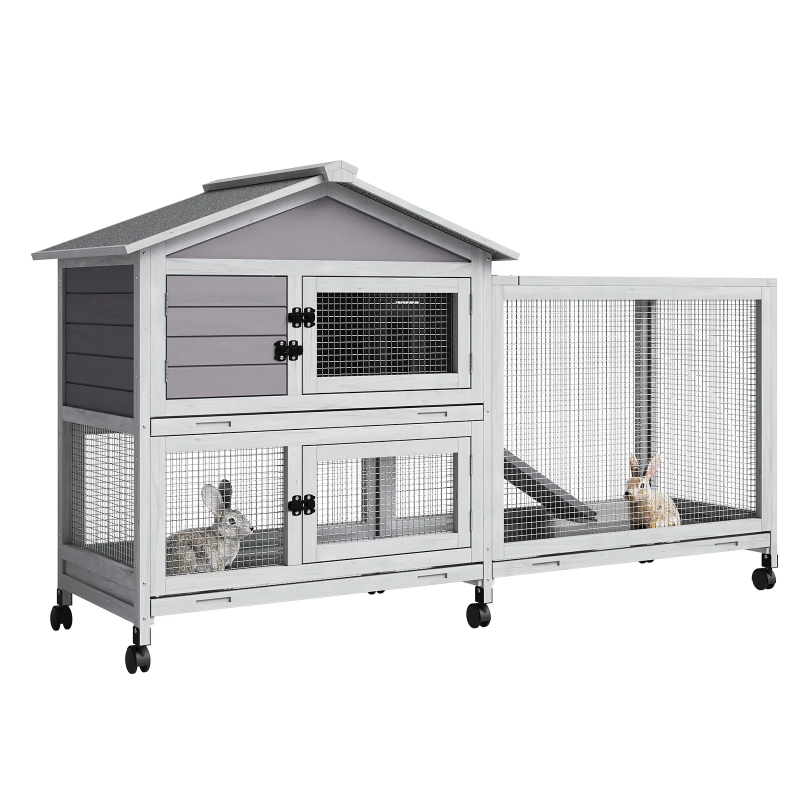 2-Story Rabbit Hutch with Ramp & Weatherproof Roof, Indoor/Outdoor Bunny Cage with 6 Lockable Wheels & 3 Pull-Out Trays (Grey)