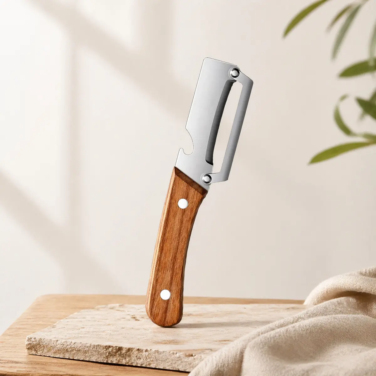 Stainless Steel Thick-Blade Multifunction Kitchen Tool Set - Wooden-Handled Slicer, Sugar Cane & Pineapple Skin Remover, Smooth Fruit Peeling Utensil for Dorm Daily Meal Prep