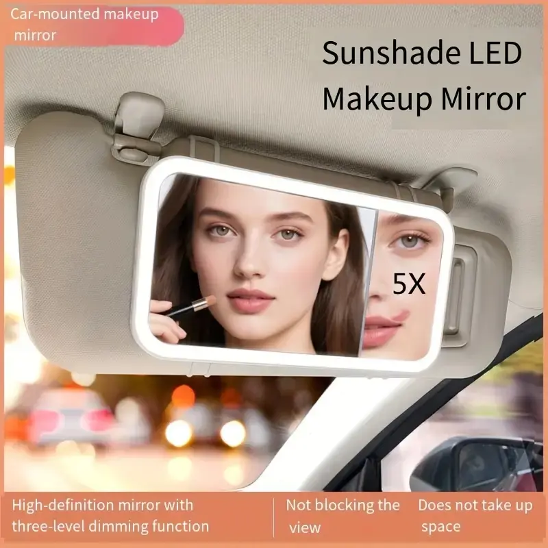 NEW Car Vanity Makeup Mirror with Lights, USB Charging, Dimmable Touch Control LED Sunshade Cosmetic Mirror, Compact Design, 5x Magnification, 3 Light Modes, Easy Installation, Car Accessories for Women