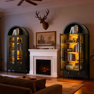 CAODOC 2PCS 67" Display Cabinet with Glass Doors - Modern 5-Tier Arched Bookcase with Rechargeable 3-Color LED Lights & Motion Sensor, Large Pantry Cabinet for Kitchen, Living Room, Home Office