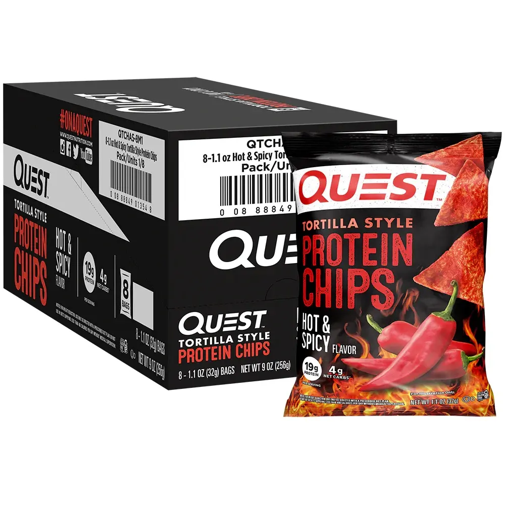 Quest Tortilla Style Protein Chips - Hot & Spicy Flavor, 8 Count (1.1 oz Each) Crispy High-Protein Snack for On-the-Go