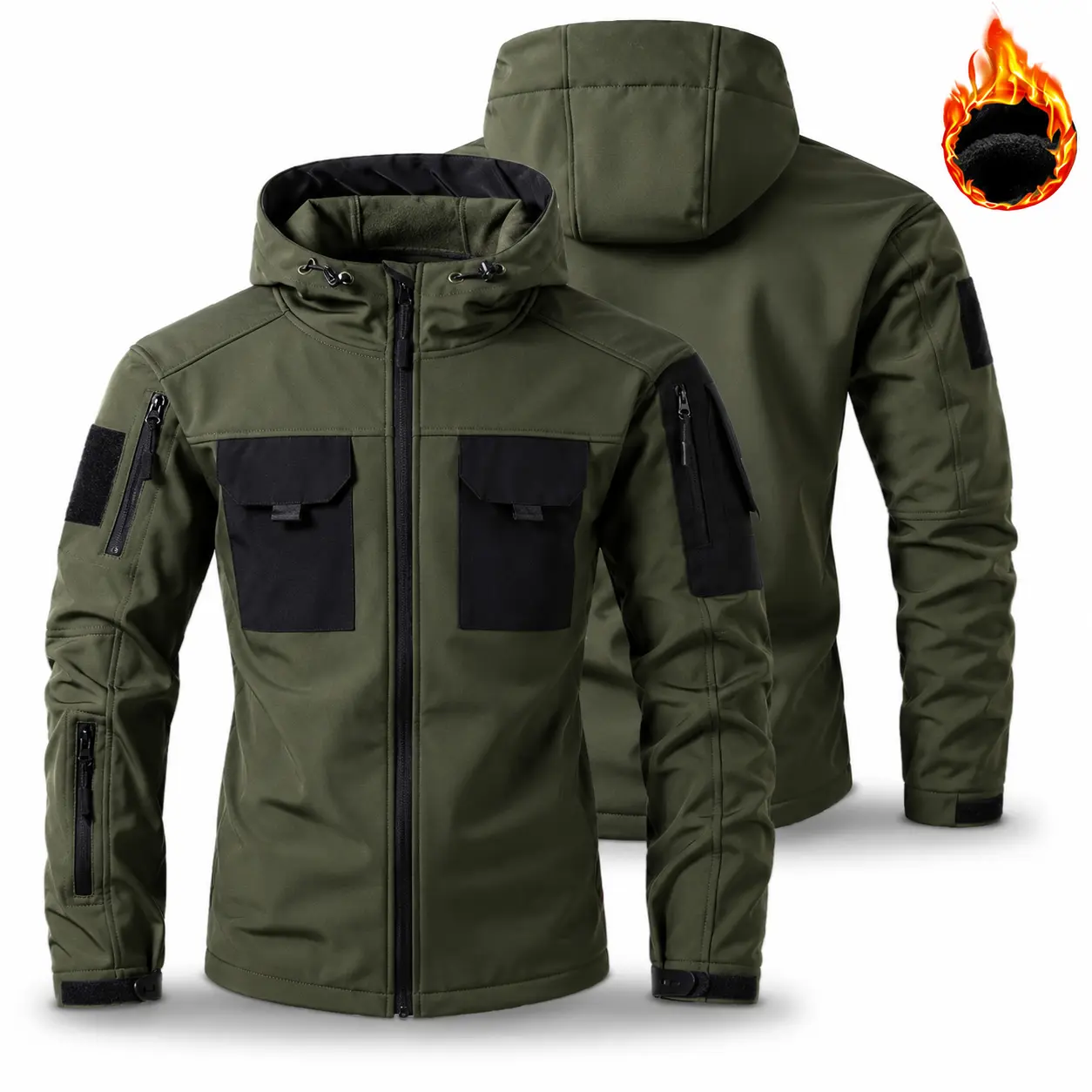 100% polyester fleece hooded tactical jacket with multiple pockets — outdoor waterproof, windproof, warm workwear jacket for men; softshell fleece hooded jacket; 100% polyester, wear-resistant, waterproof, windproof, multifunctional warm outdoor commuter