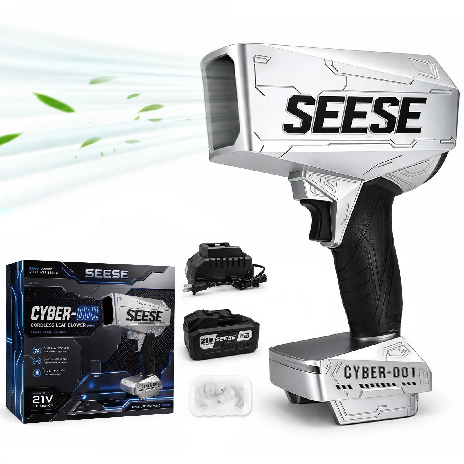 SEESE Cyber Cordless Leaf Blower, 21V Brushless Handheld Blower, 2000G Powerful Air Force for Lawn Care, Leaves, Dust, Debris, Car Drying & Snow Removal