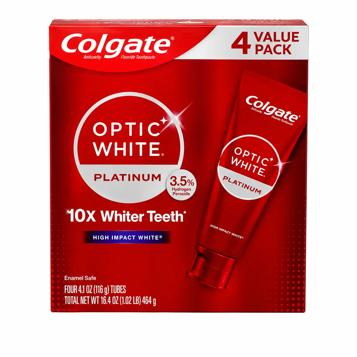 Colgate Optic White Platinum Toothpaste, Advanced Whitening with 3.5% Hydrogen Peroxide, Enamel Safe for Daily Use, High Impact White, 4.1 oz, 4 Pack, Unisex