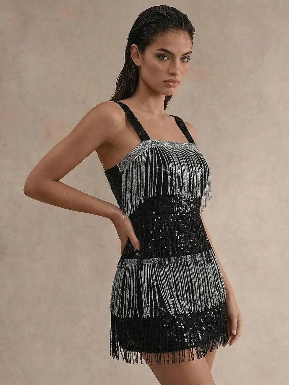 Women's Green Sequin Tassel Mini Dress with Spaghetti Straps and Open Back for Party, Vacation and Summer Occasions