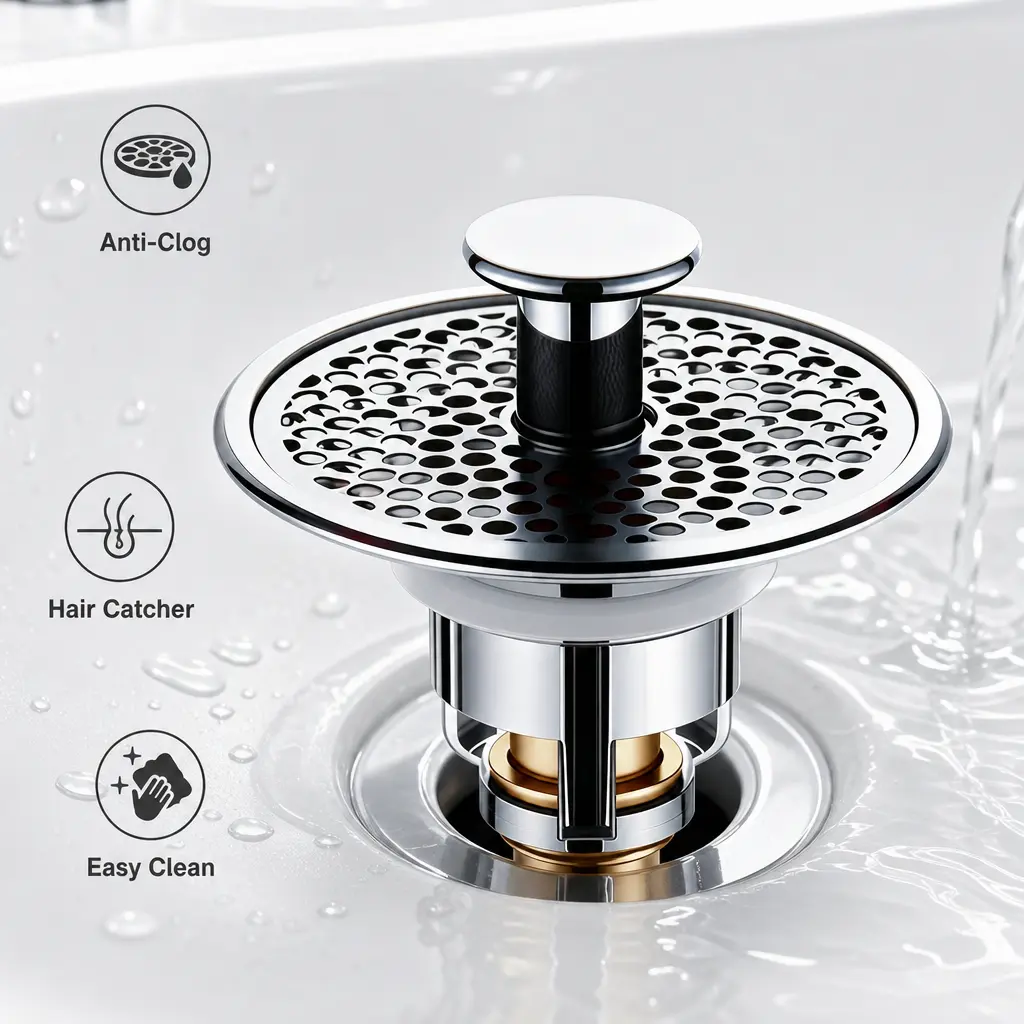 Sink drain filter,1/2 pcs Pop-Up Bathroom Sink Drain Strainer, Stainless Steel Hair Catcher Basket with Brass Drain Plug, Universal Fit for US Bathroom Sinks, Bathtubs, Showers & Floor Drains ,Adjustable, Durable