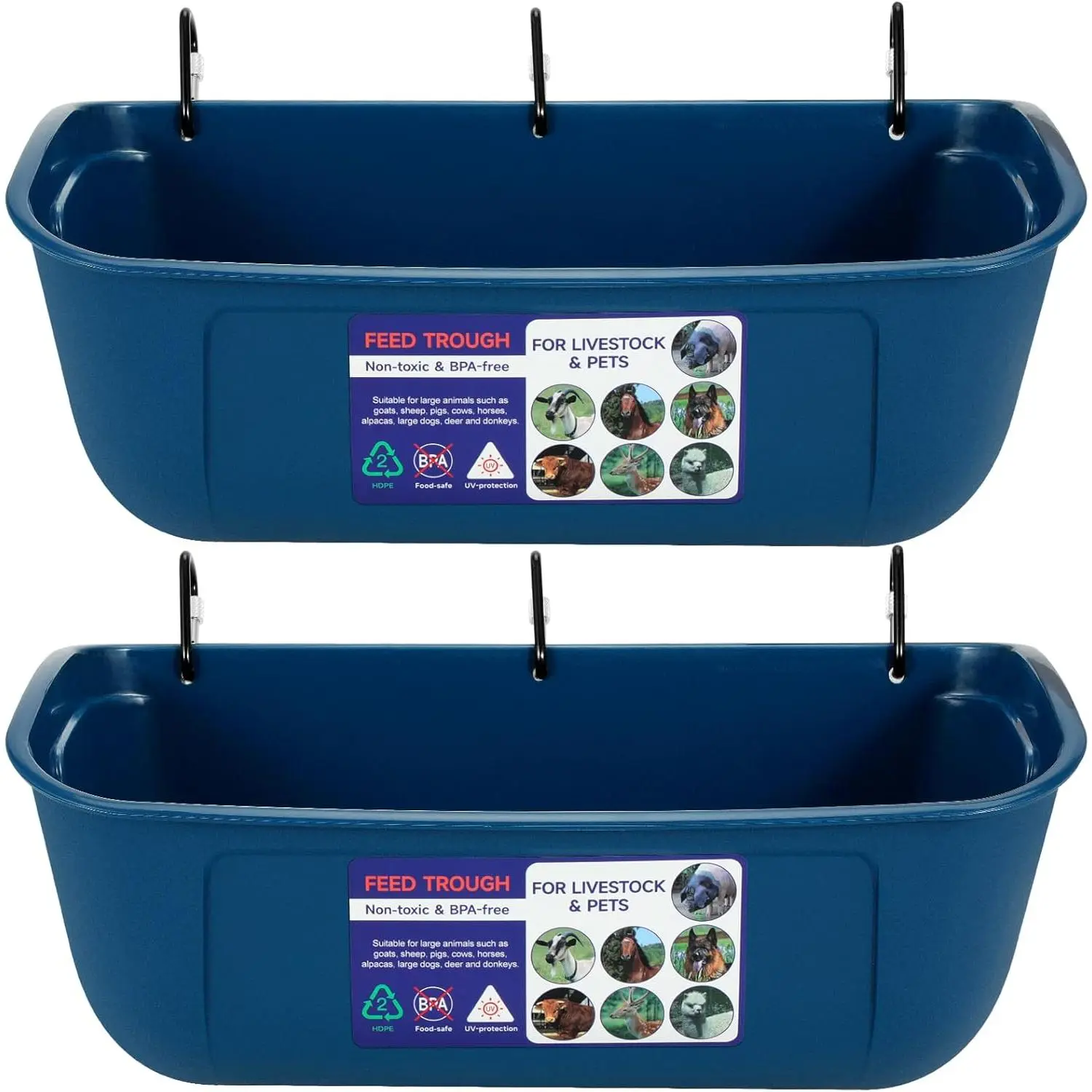 Large Feed Trough,  or Screw-in Fence Feeder with Clips, 2 Pack 9 Quart Goat Feeding Supplies,  Horse Hog Pig Livestock Poultry Plastic Feeder Trough Bucket for Large , Blue