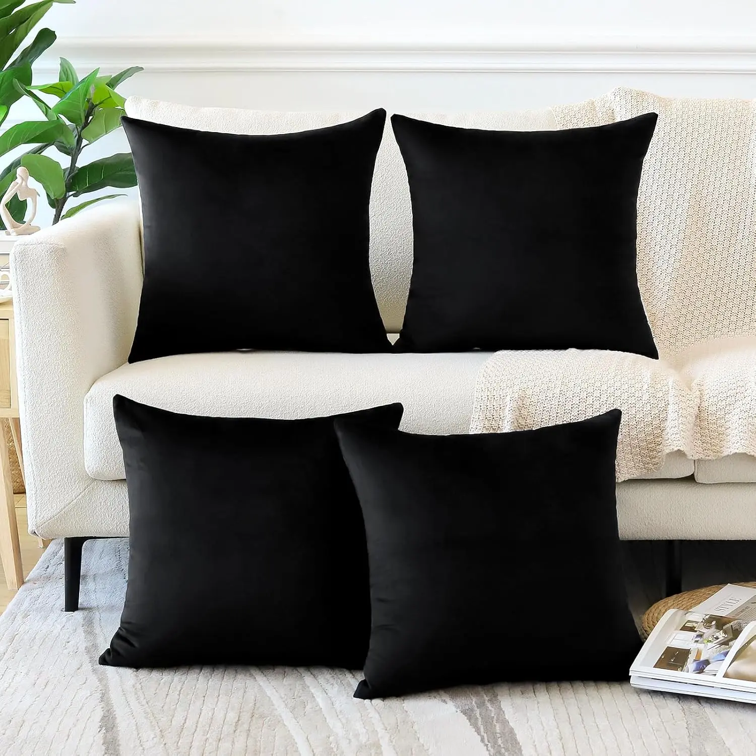 4-Pack 18x18 in Soft Velvet 2-Sided Decorative Throw Pillow Covers, Luxury Cushion for Sofa, Bedroom, Black, 2 Sided Cushion Covers, 18 X 18 (Pack Of 4)