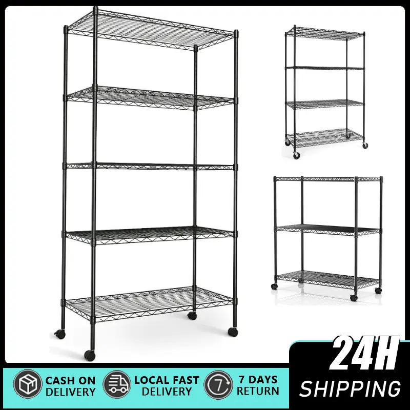 Black 5-Layer Heavy Duty Wire Mesh Storage Rack - Adjustable Metal Organizer with 4" Wheel Casters, 300lbs Per Shelf, 23.23"x13.39"x59.45" Unit, Ideal for Garage, Kitchen Organization