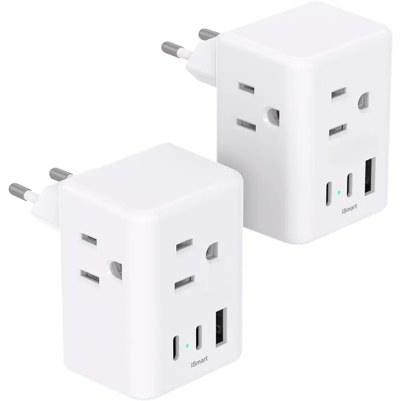 2 Pack European Travel Plug Adapter, Mifaso International Power Plug Adapter with 3 Outlets 3 USB Charging Ports(2 USB C), Type C Plug Adapter Europe Travel Essentials to Spain Italy France
