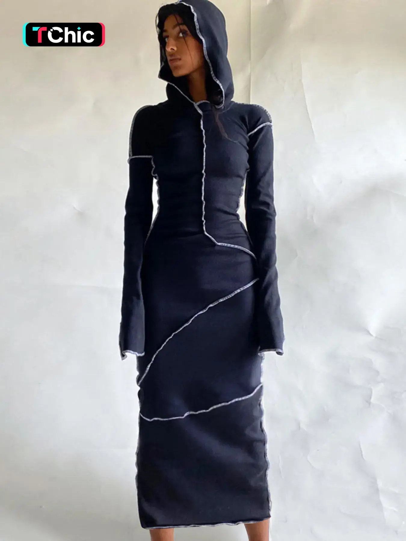 Women's Plain Polyester Drop Shoulder Hooded Bodycon Dress, Casual Chic Long Sleeve Solid Long Dress for Fall & Winter, Women's Clothing, Fit