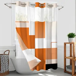 Orange Hookless Shower Curtain Set with Snap in Liner, Orange White Bathroom Decor, 71x74 Inches, Geometric Bathroom Curtain with Liner and See Through Top Window
