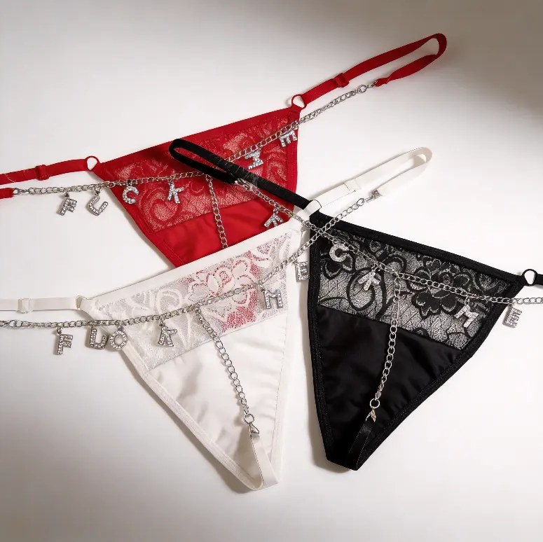 Women's Rhinestone Letter G-String Thong, Soft Cotton Lace Panties, High Stretch Breathable Lingerie, Romantic Gifts for Her, Letter Print Underwear, Crystal, Lingerie For Women