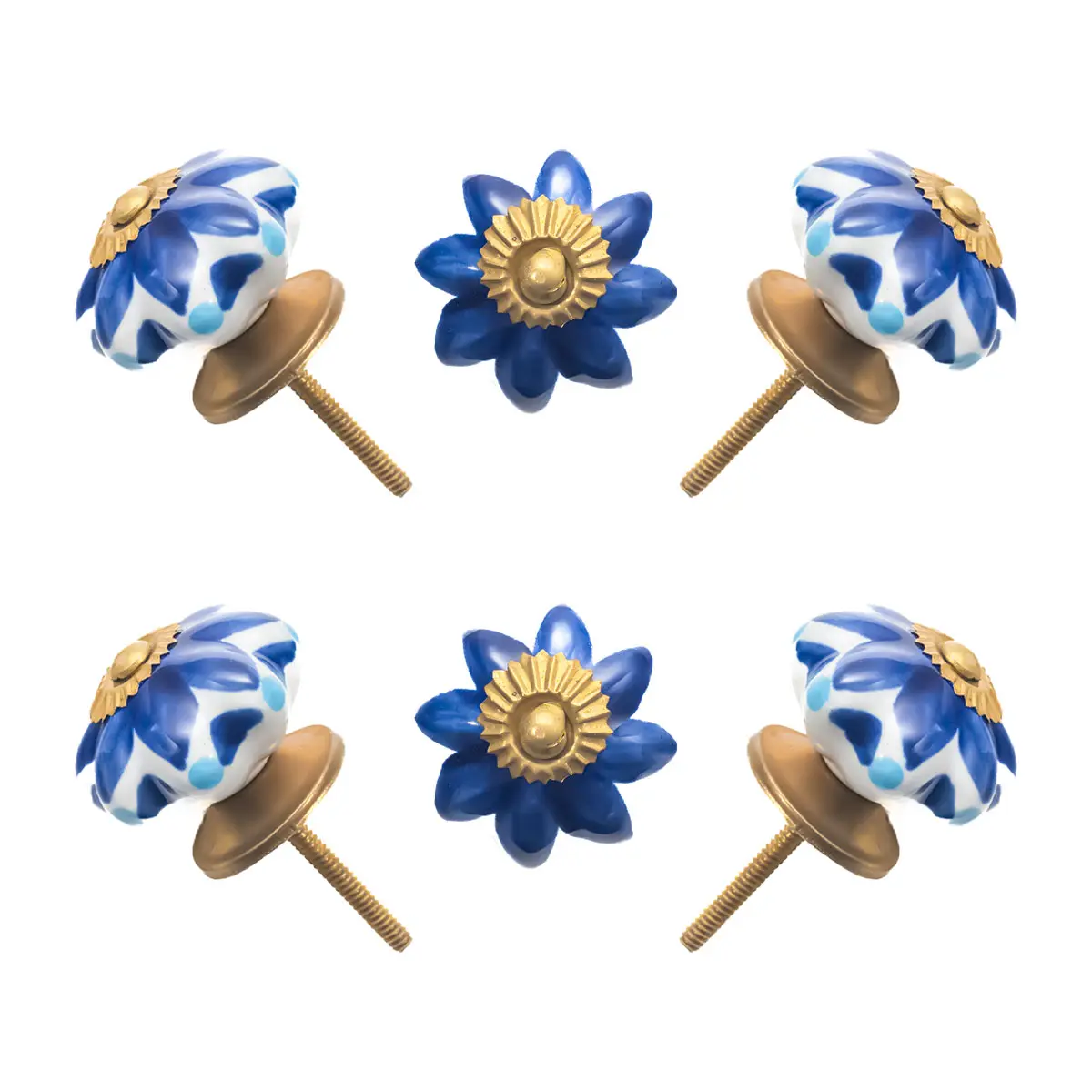 Elegant Blue & white Multi-Lobed Ceramic melon Knobs with Gold Accents (Set of 6) - 1.75 Inch – CDNY
