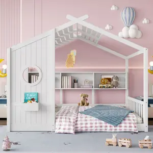 【Bellemave】Full/Twin Size Floor House Bed for Toddler, Kids Montessori Bed with Storage Shelf, Playhouse Bed with Roof Design, WhiteTwin 【Bellemave】Full/Twin Size Floor House Bed for Toddler, Kids Montessori Bed with Storage Shelf, Playhouse Bed with Roof Design, WhiteTwin
