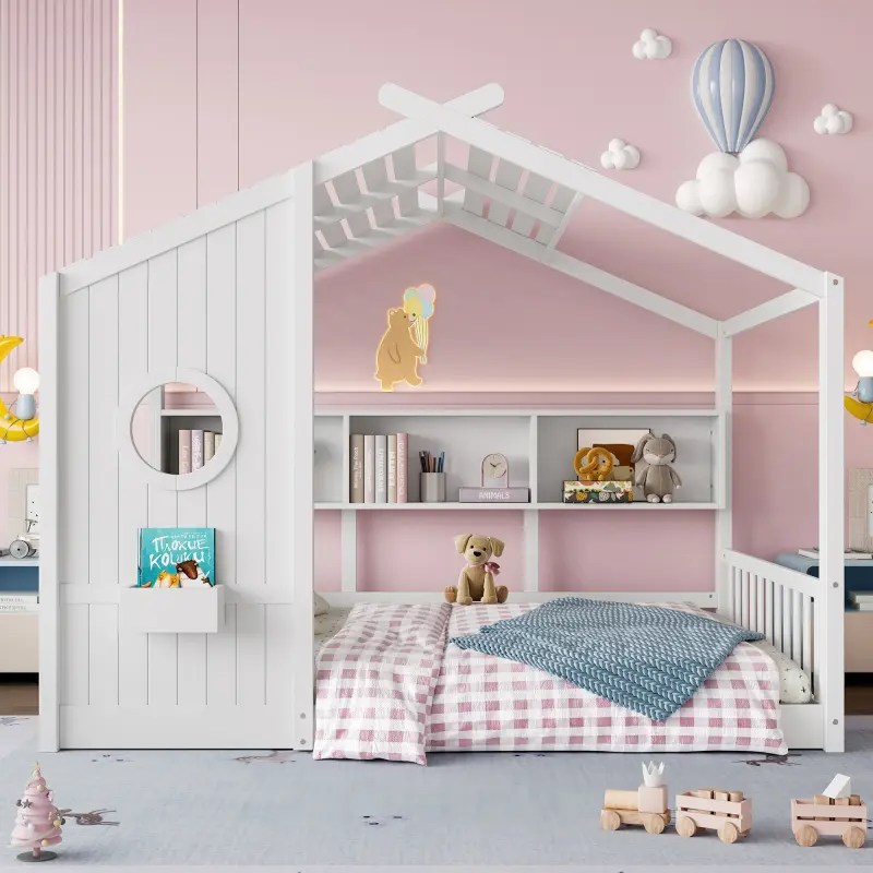 【Bellemave】Full/Twin Size Floor House Bed for Toddler, Kids Montessori Bed  with Storage Shelf, Playhouse Bed with Roof Design, WhiteTwin