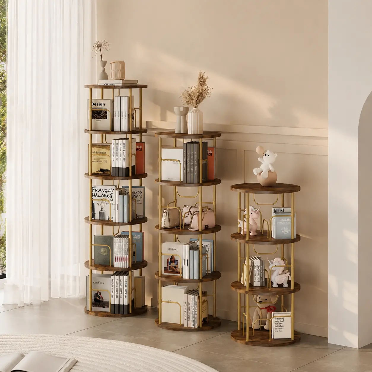 Rotating Bookshelf, 360 ° Display Stackable Spinning Bookshelf Tower, Narrow Space Saving Tall Floor Standing Swivel Bookcase Corner Storage Organizer for Bedroom, Living Room, Gold