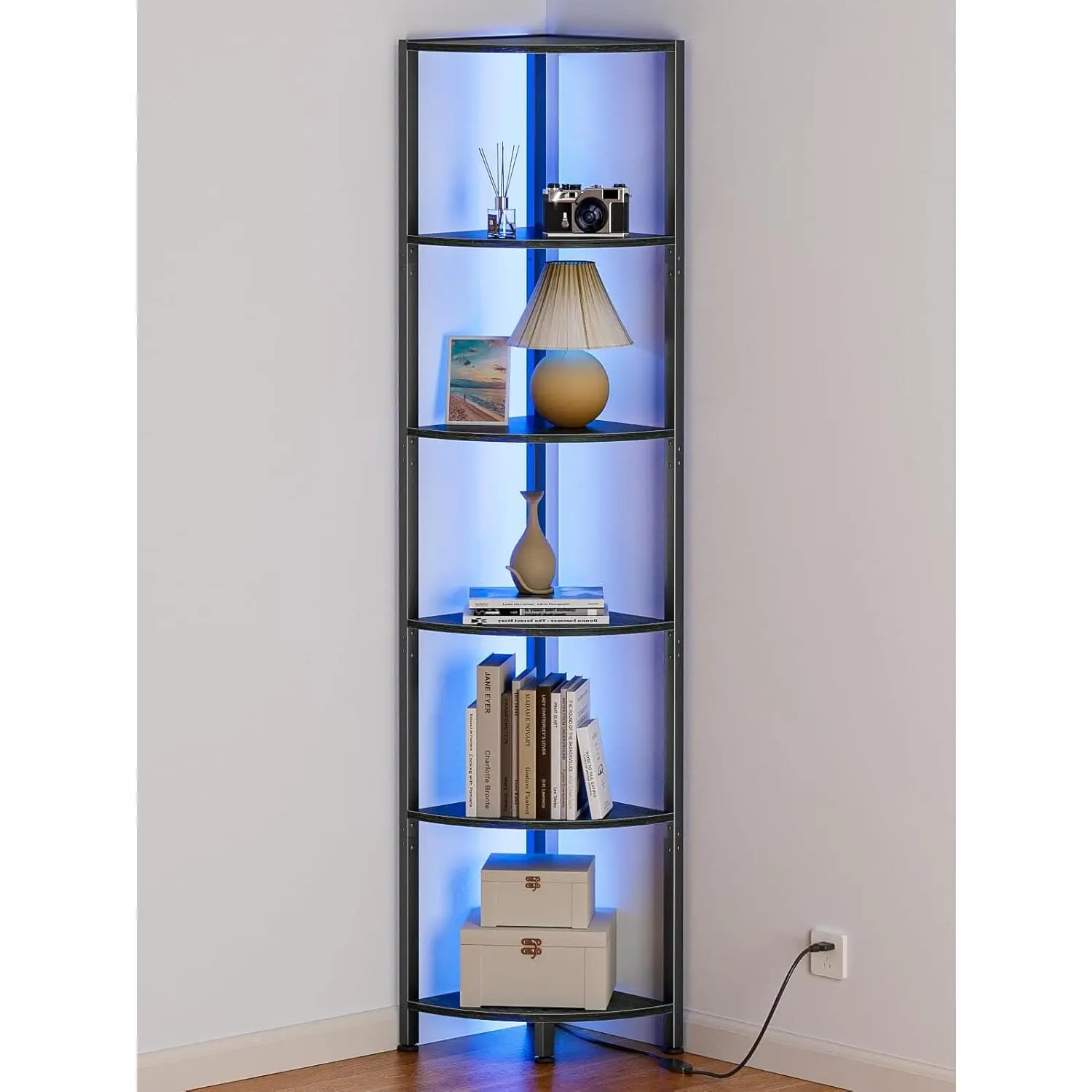6 Tier Corner Shelf with LED Light, 67.5" Tall Standing Shelf Organizer, Black Narrow Bookshelf with Storage Rack for Wall Corner, Living Room, Bedroom, Metal Frame,  Display Shelf