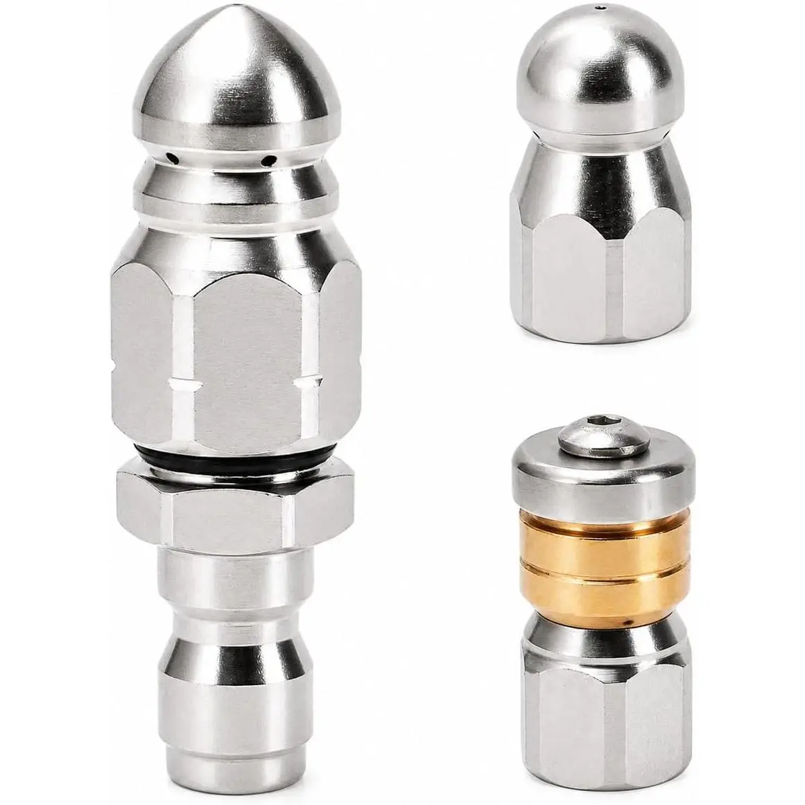 Sewer Jetter Nozzle Kit, 3-Pack Stainless Steel Jet Nozzles with Rotating, Button Nose, and Fixed Models, 1/4” Quick Connect, Up to 5000 PSI for Pressure Washer Drain Cleaning