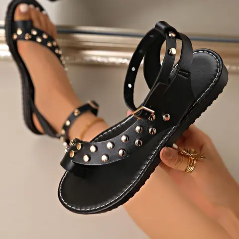 Women's Thick Sole Studded Thong Sandals, Casual Roman Strap Beach Flip Flops, Stylish Size 43 Summer Footwear, Fashion Sandals