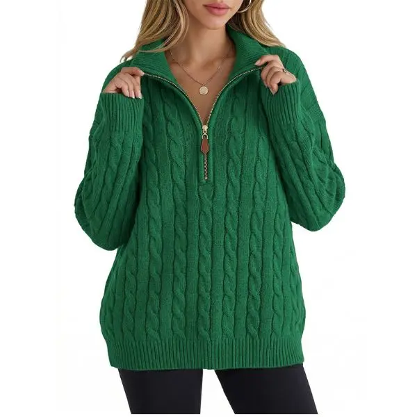 Fisoew Women's Vintage Thick Chunky Cable Knit Half-Zip Sweater, Oversized Stand Collar Long Sleeve Loose Casual Rose Style Fall Winter Pullover Top