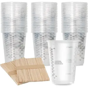 100 count 8oz Graduated Clear Plastic Measuring Cups with 100 count Wooden Stirring Sticks for Mixing , Pigments, Epoxy Resins, Resins