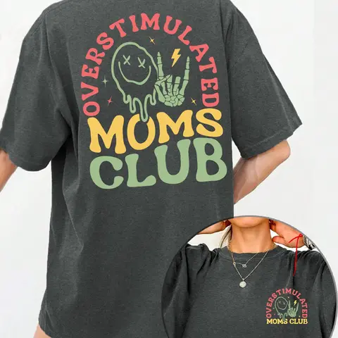 Women's "Overstimulated Moms Club" Round Neck Knit Graphic Tee, Vintage Trendy Casual Fitted Short Sleeve T-Shirt for Daily Wear, Ladies Summer Top, Casual Chic Top