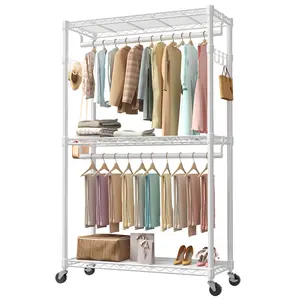 3 Tier Heavy Duty Rolling Garment Rack with Lockable Rollers,Freestanding Clothing Rack,White