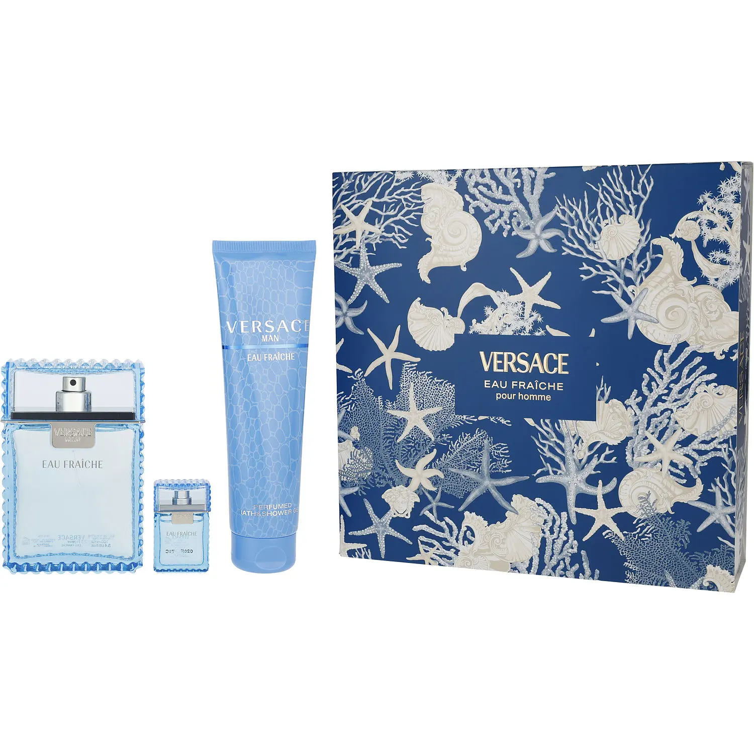 Versace Man Eau Fraiche Set-Edt Spray 3.4 Oz & Shower Gel 5 Oz & Edt 0.17 Oz Mini For Men