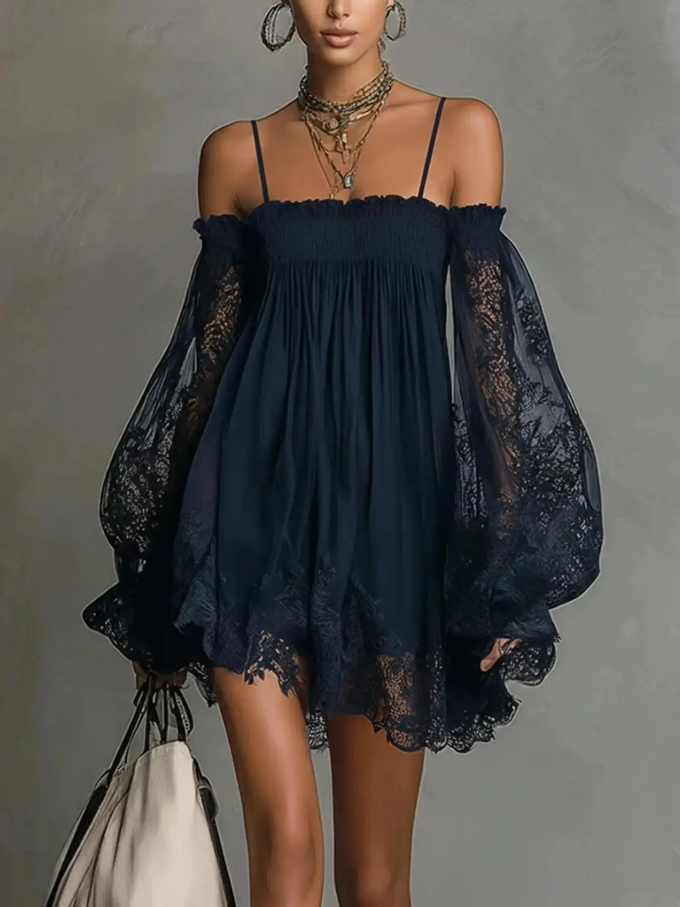 2026 New Women's Sheer Long Sleeve Halter Dress, Solid Color Elastic One-Shoulder Lace Dress, Elegant Vintage Style for Parties and Casual Outing