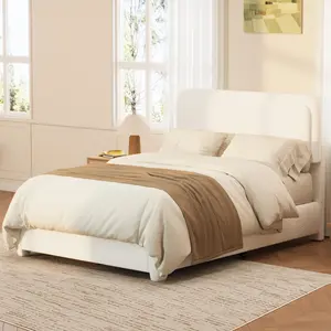 Queen Bed Frame with Adjustable Height Headboard, Modern Platform Bed with Curved Cloud Headboard, Elegant Boucle Fabric Low Profile Platform Bed, No Box Spring Needed, Easy Assembly, White