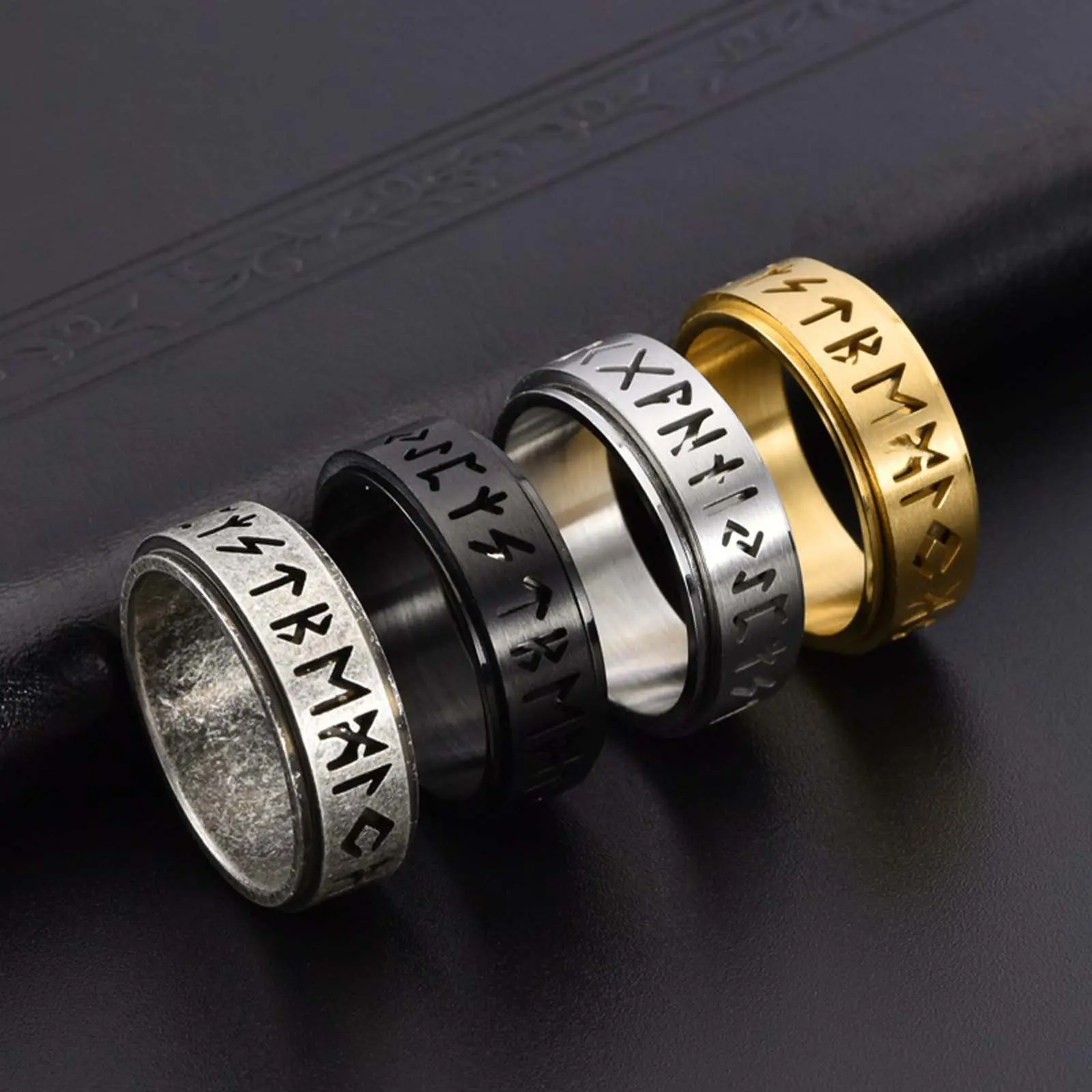 Unisex Retro Hollow Viking Text Rotatable Rune Ring, Personalized Stainless Steel Neutral-Style Jewelry, Suitable for Party Gifts, Unisex Names-Engraved Artificial Gemstone Ring Accessory
