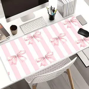 Pink Bow Striped Mouse Pads Extra Large Computer Desk Top Mat, Non - Slip Rubber Base & Stitched Edge, Cute Girly Design for Home Office, Desk Accessories, Non Slip Mousepad, Desktop Accessory