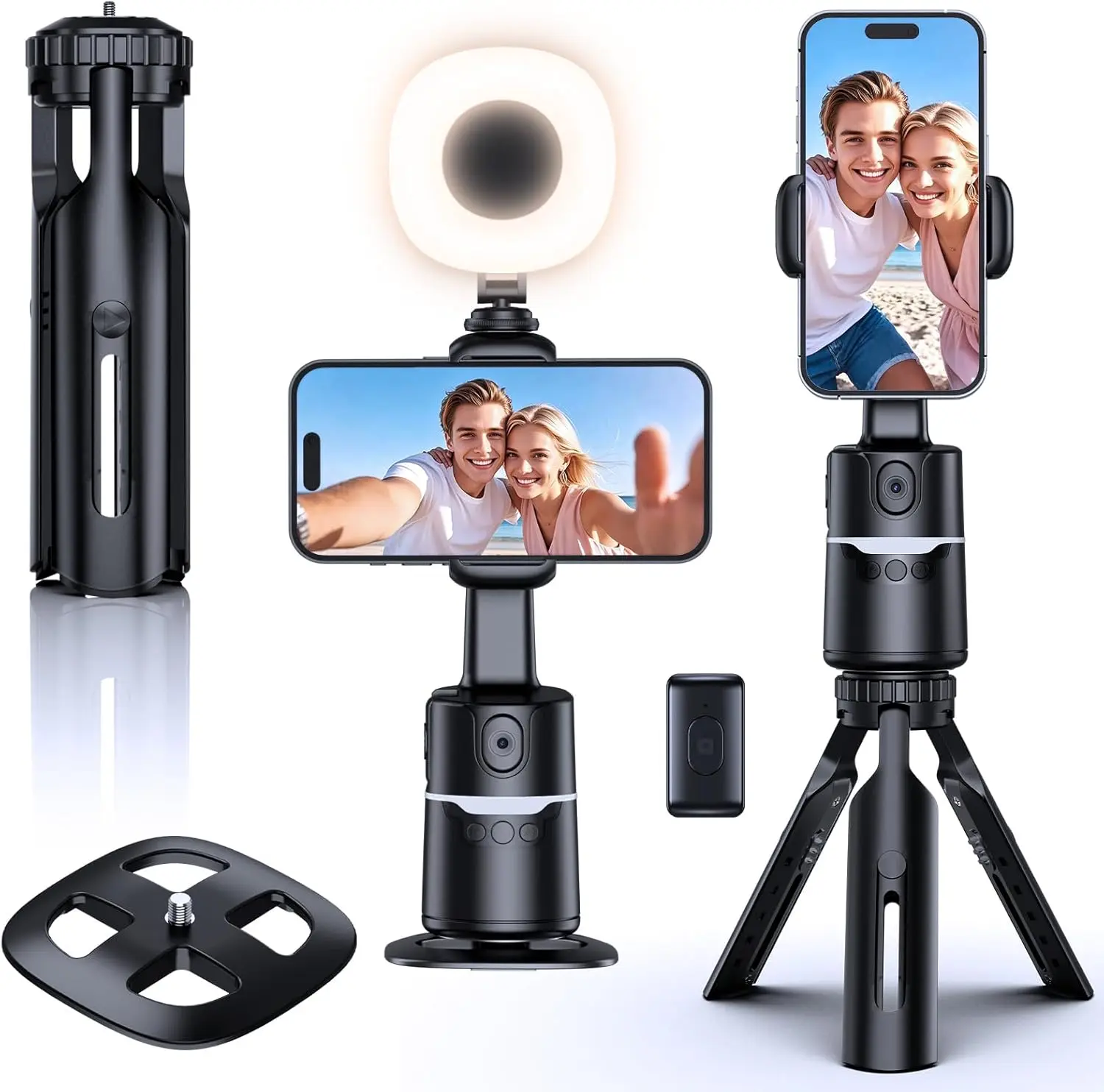 UBeesize 360° Auto Face Tracking Tripod with Light & Remote, Portable Desk Stand with Gesture Control, No App Needed for iPhone, TikTok Live Streaming & Vlogging