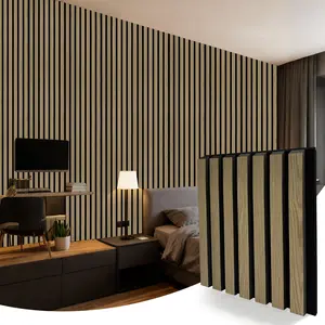 4-Piece Medium Size Wood Slat Acoustic Panels (30cm x 28.5cm) Self-Adhesive Noise Reduction Wall Ceiling Tiles, 3D Textured Soundproof Panels for Home Office Studio Decor