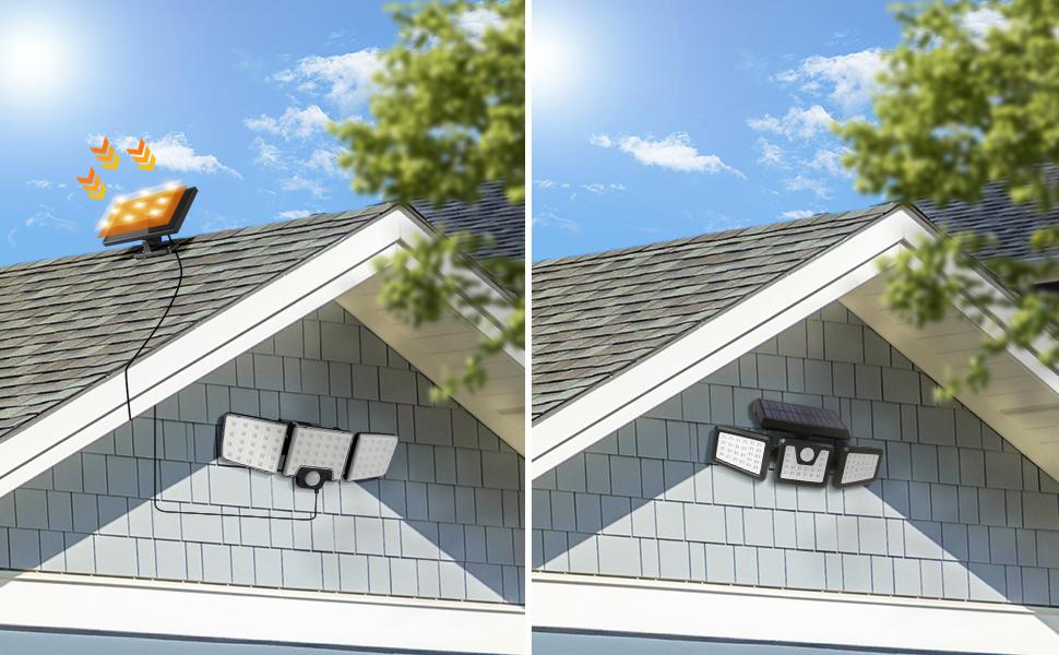 Lepro Solar Security Lights Outdoor Motion Sensor, 2 in 1 Separated and Integrated Remote Control IP65 Waterproof Solar Lights with 2 Light Modes, 3 Heads Floodlight for Garden Yard Garage