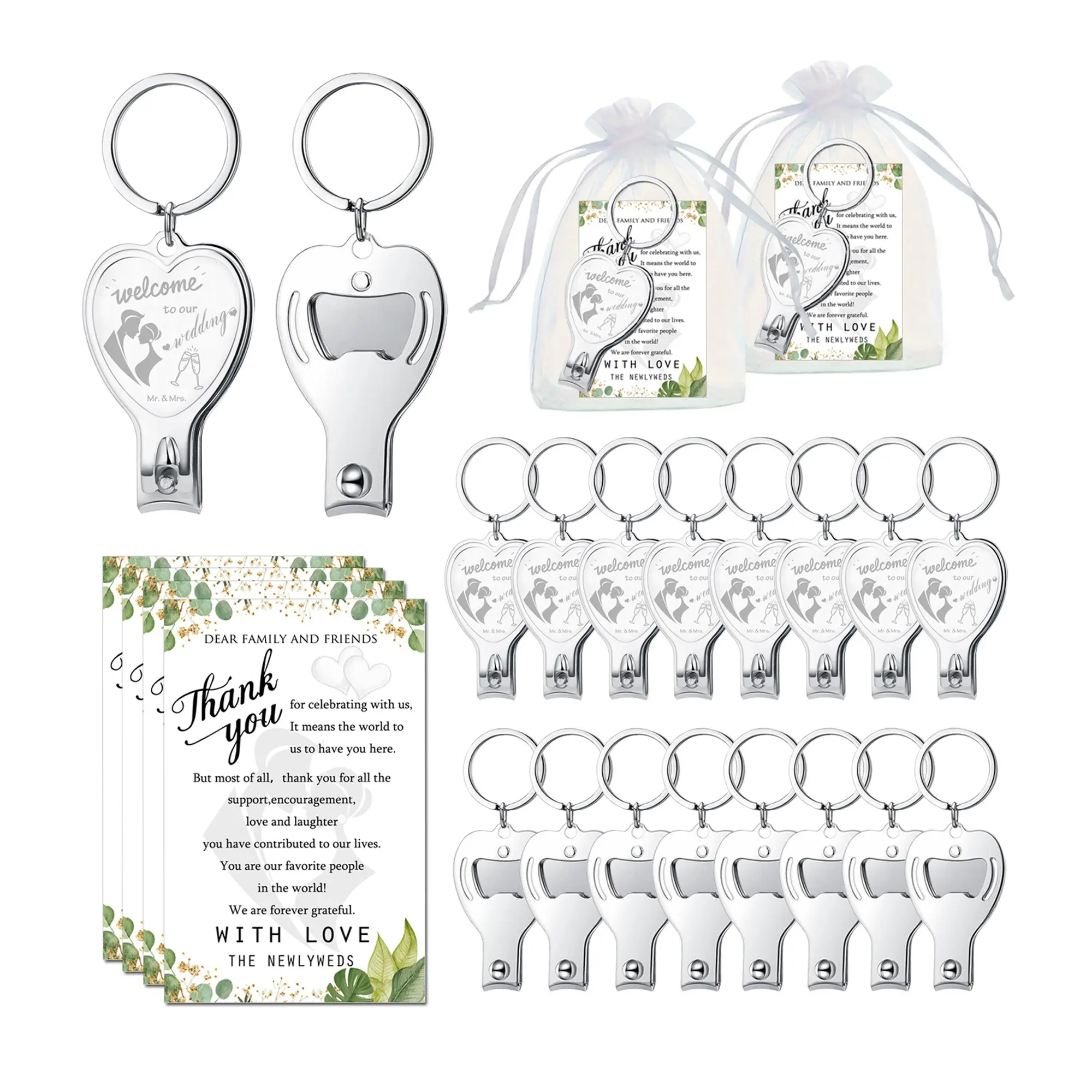 30pcs Wedding Party Gift Set, Multifunctional Metal Keychains, Key Chain Kit, Key Rings, Multi Purpose Keychain, Keychain for Bags, 10 Sets Bridal Shower Favors, Elegance Organza Bags & Thank-You Cards, Keychain for Purse
