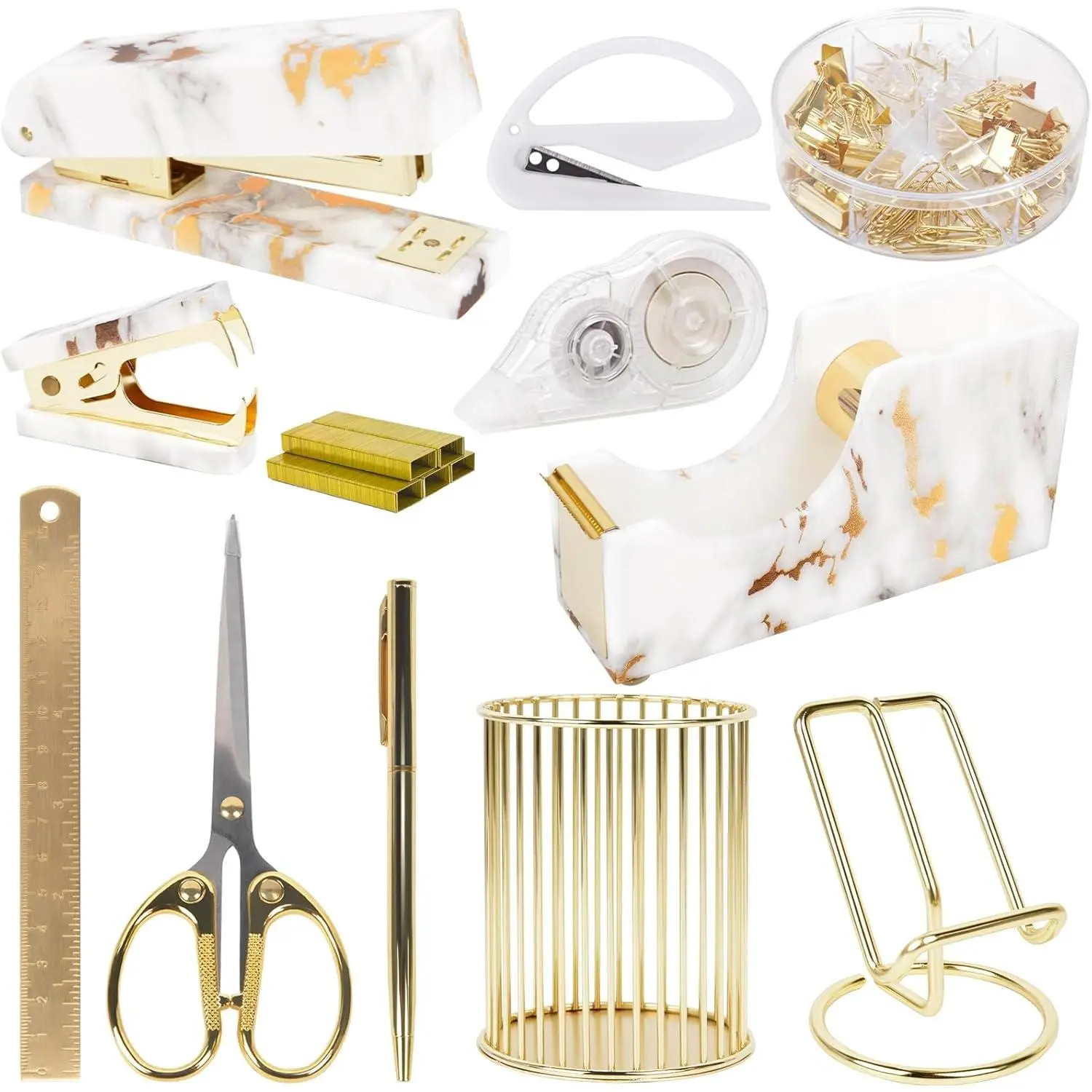 Women's 13-Piece Gold Marble Pattern Acrylic-Metal Desk Organizer Modern Set - Computer Accessories for Desk with Stapler, Tape Dispenser, Pen Holder, Staples - Multi Purpose Organizers for Home Offices