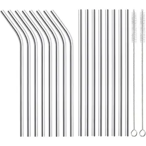 16 Pack of  Stainless Steel Metal Straws, 8 Straight + 8 Bent 8.5 inch Metal Straws with 2 Cleaning Brushes, Straw Compatible with 20oz  Cup