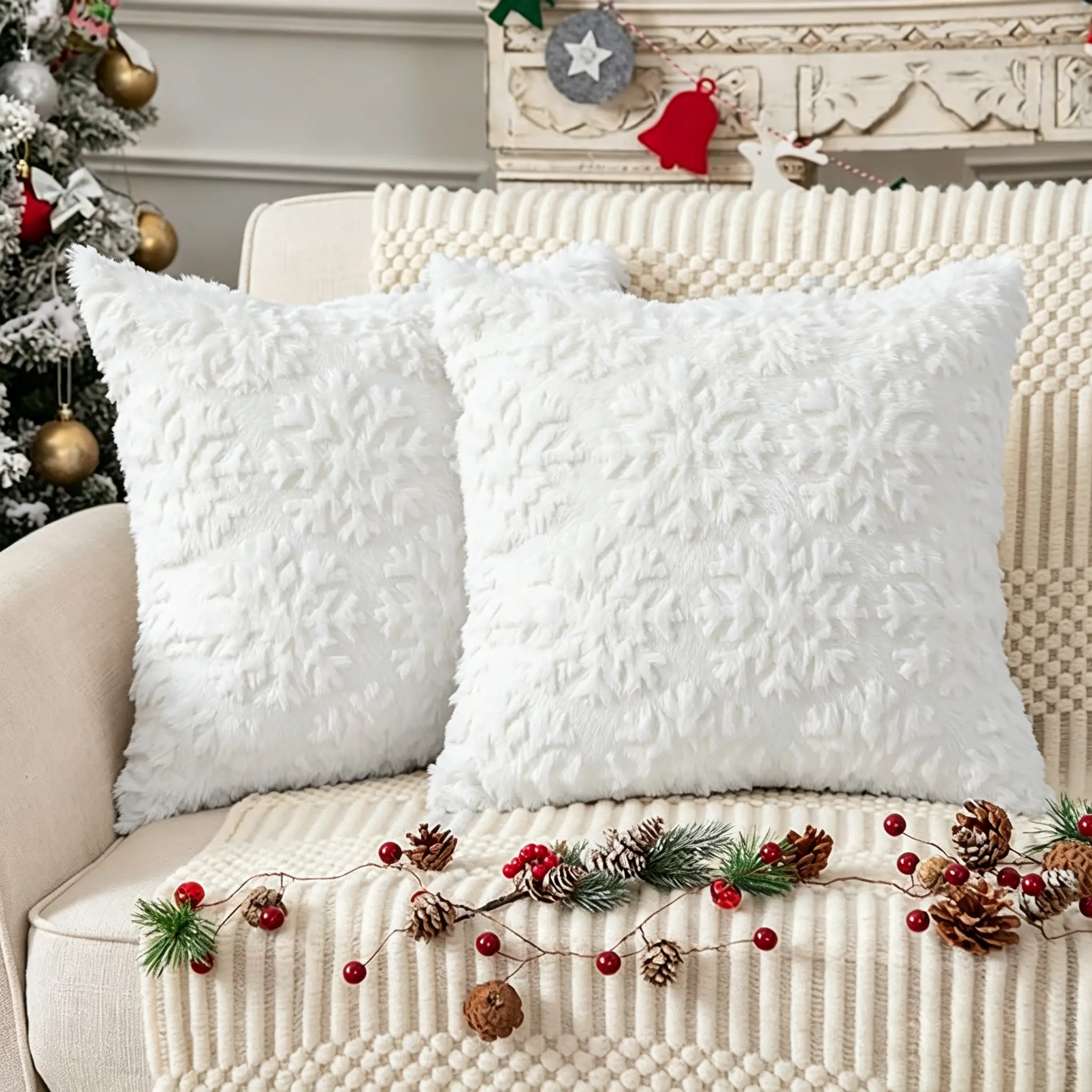 Christmas Snowflake Polyester Pillow Covers Set (2 Pack, 18x18"), Festive Throw Pillow Cases for Home Christmas Decorations Ornament, Xmas