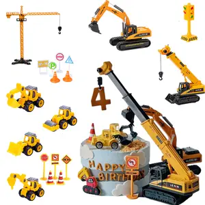 Excavator Cranes Cake Topper Crane Bulldozer Engineering Truck Theme Party Decoration for Boy Kids 1st Happy Birthday Party Cake