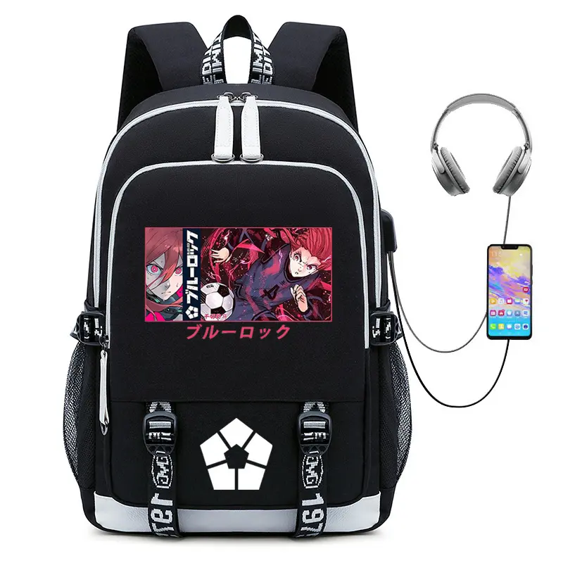 Blue Lock Manga Graphic Backpack, Stylish Anime Print Daypack with Charging Interface, Adjustable Strap Storage Backpack Available in Multiple