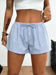 Women's Casual Loose-Fitting Striped Drawstring Waist Shorts, Versatile Daily Wear Woven Bottoms for Ladies, Comfy Summer