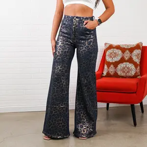 Kris Leopard Print Flare Jeans – High Waisted 70s Retro Style Bell Bottom Denim
