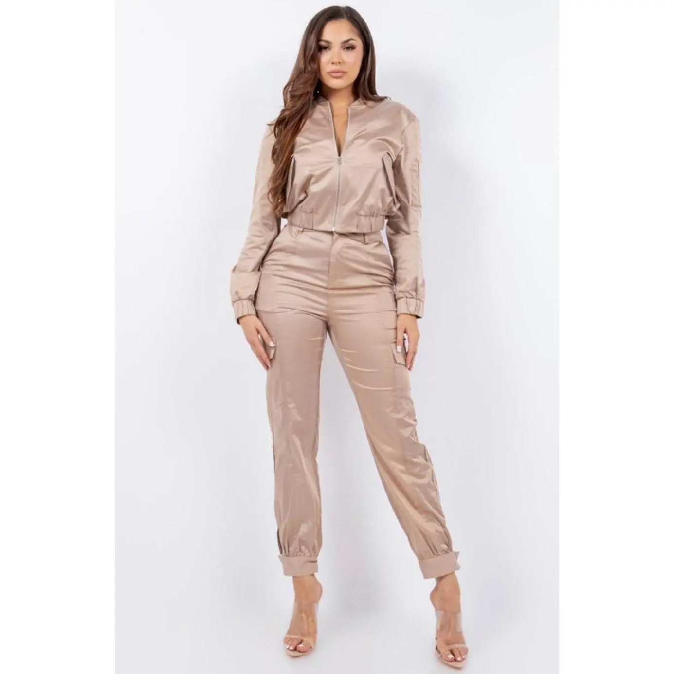 Women’s Luxe Utility 2-Piece Set Cropped Zip Jacket & High-Waisted Cargo Jogger Pants in Taupe for Casual & Travel Wear