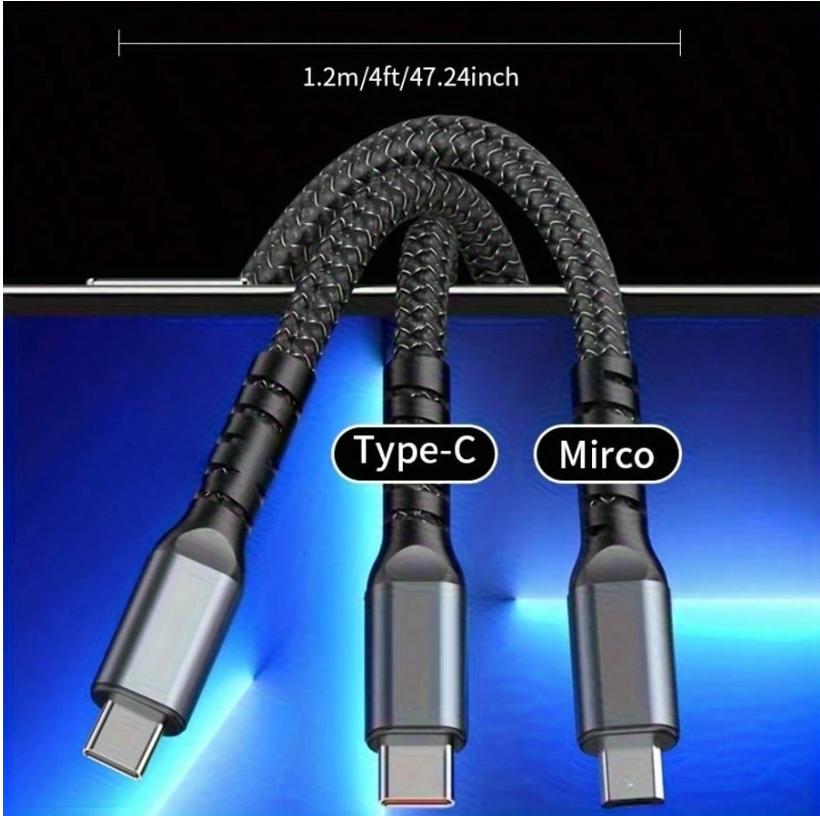 1pcs 1.2m 4ft Nylon Braided MFi Certified 100W LED 3in1 Digital Display USB Charging Cable with Type-C Micro USB IP Port for iPhone Fast Charging