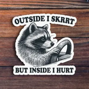 Outside I Skrrt But Inside I Hurt Sticker, Raccoon Driving Vinyl Sticker, Laptop Water Bottle Decal Sticker