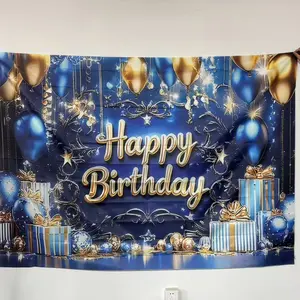Birthday Background Banner, Happy Birthday, 1 Count Balloon & Gift Design Birthday Background Banner, Party Background Decoration, Indoor & Outdoor Decoration, Ornaments, Party Decorations Banners